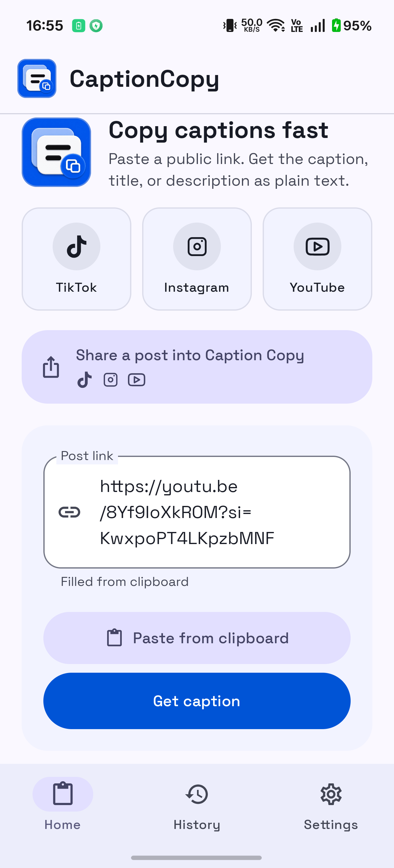 Caption Copy home screen: paste a public TikTok, Instagram, or YouTube link to copy the caption