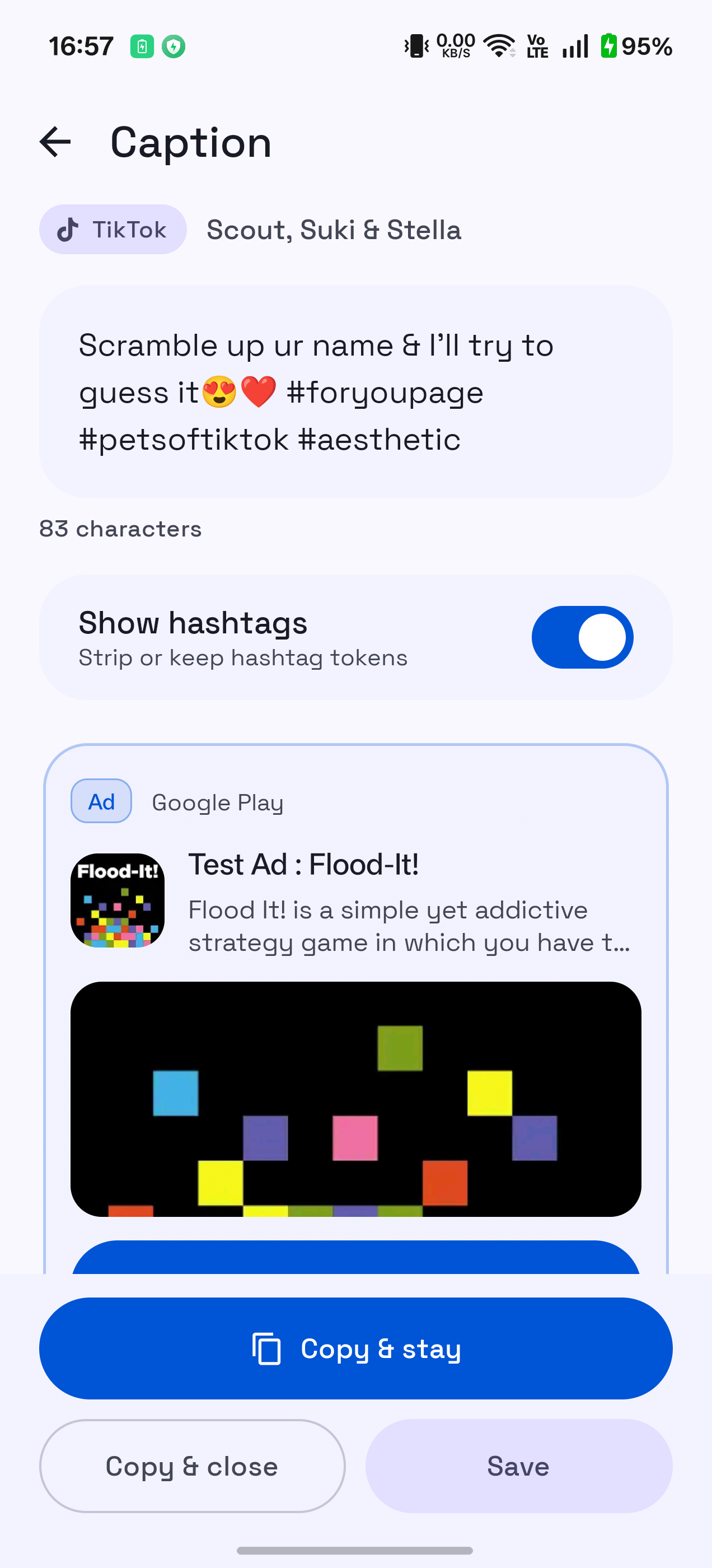 TikTok caption result with show-hashtags toggle and Copy & stay
