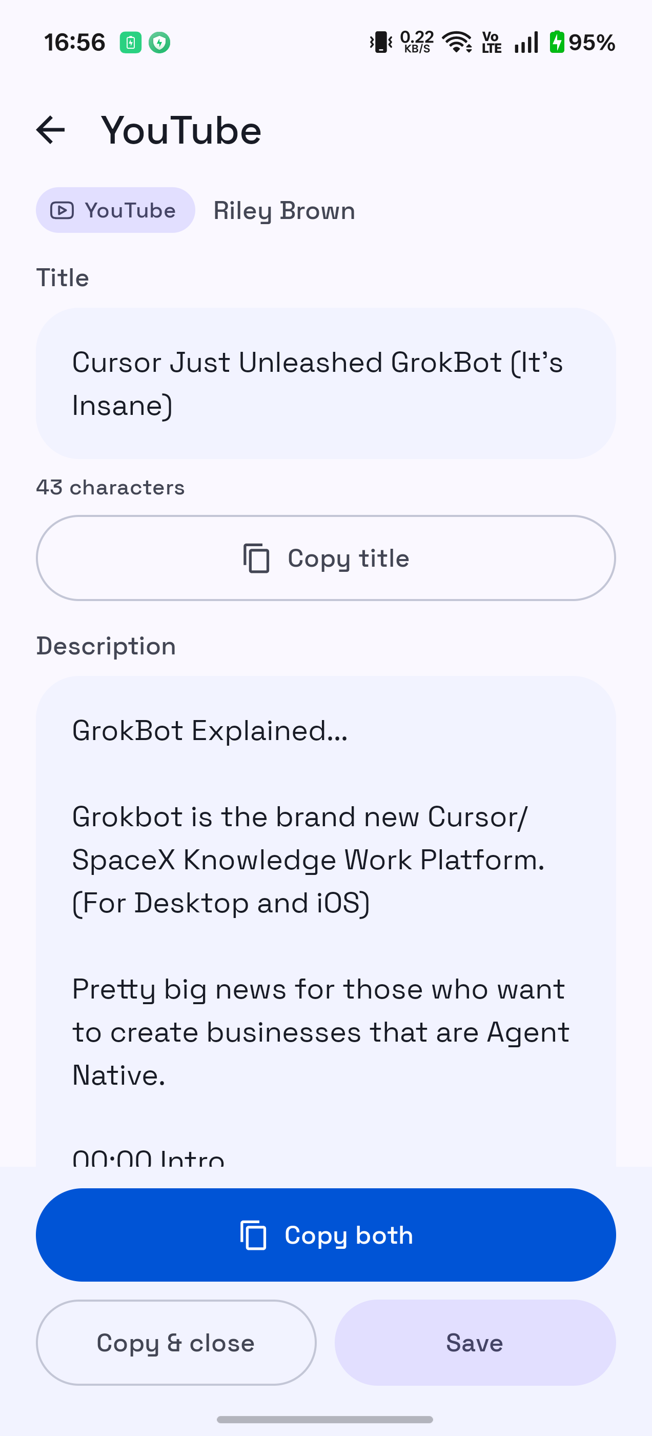YouTube result showing separate title and description copy buttons