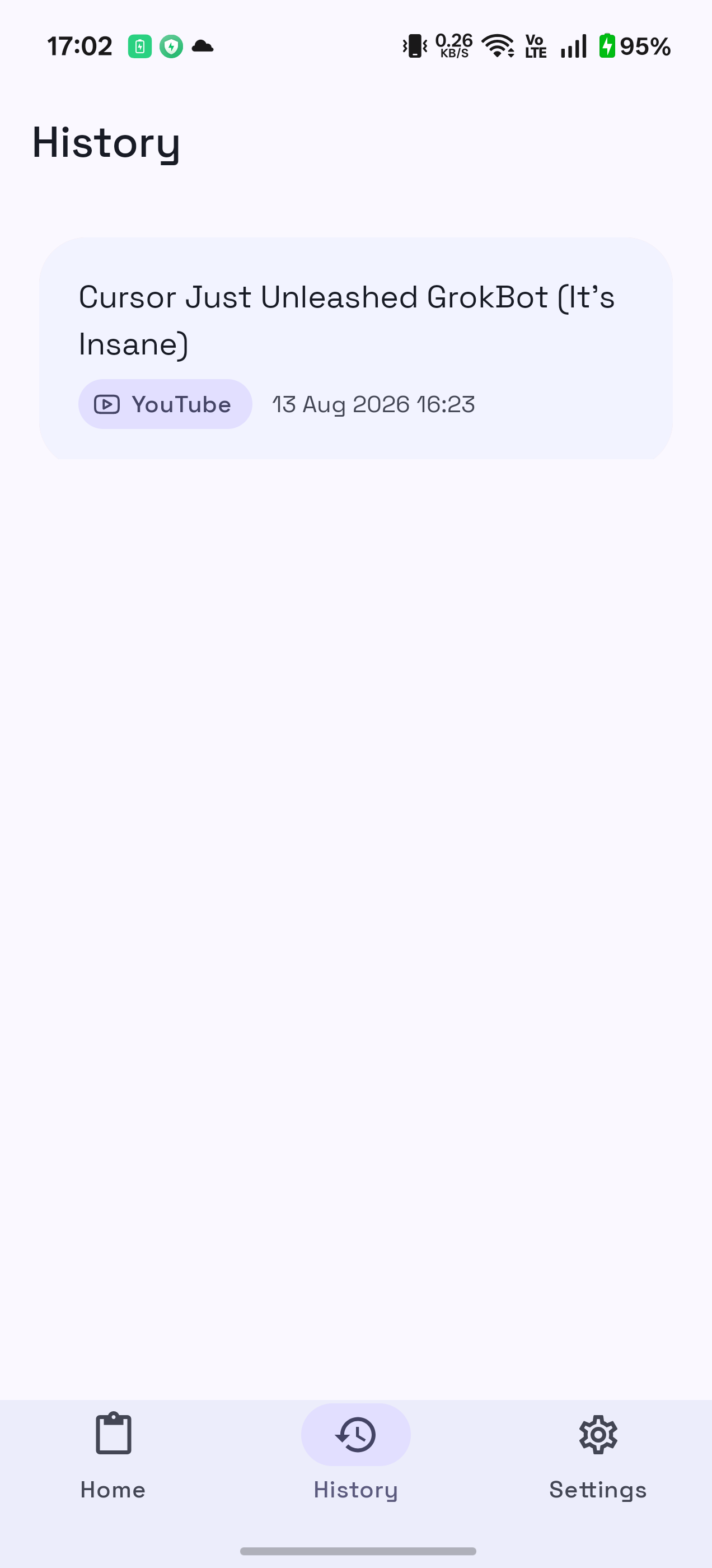 History screen with a saved YouTube title stored on the device